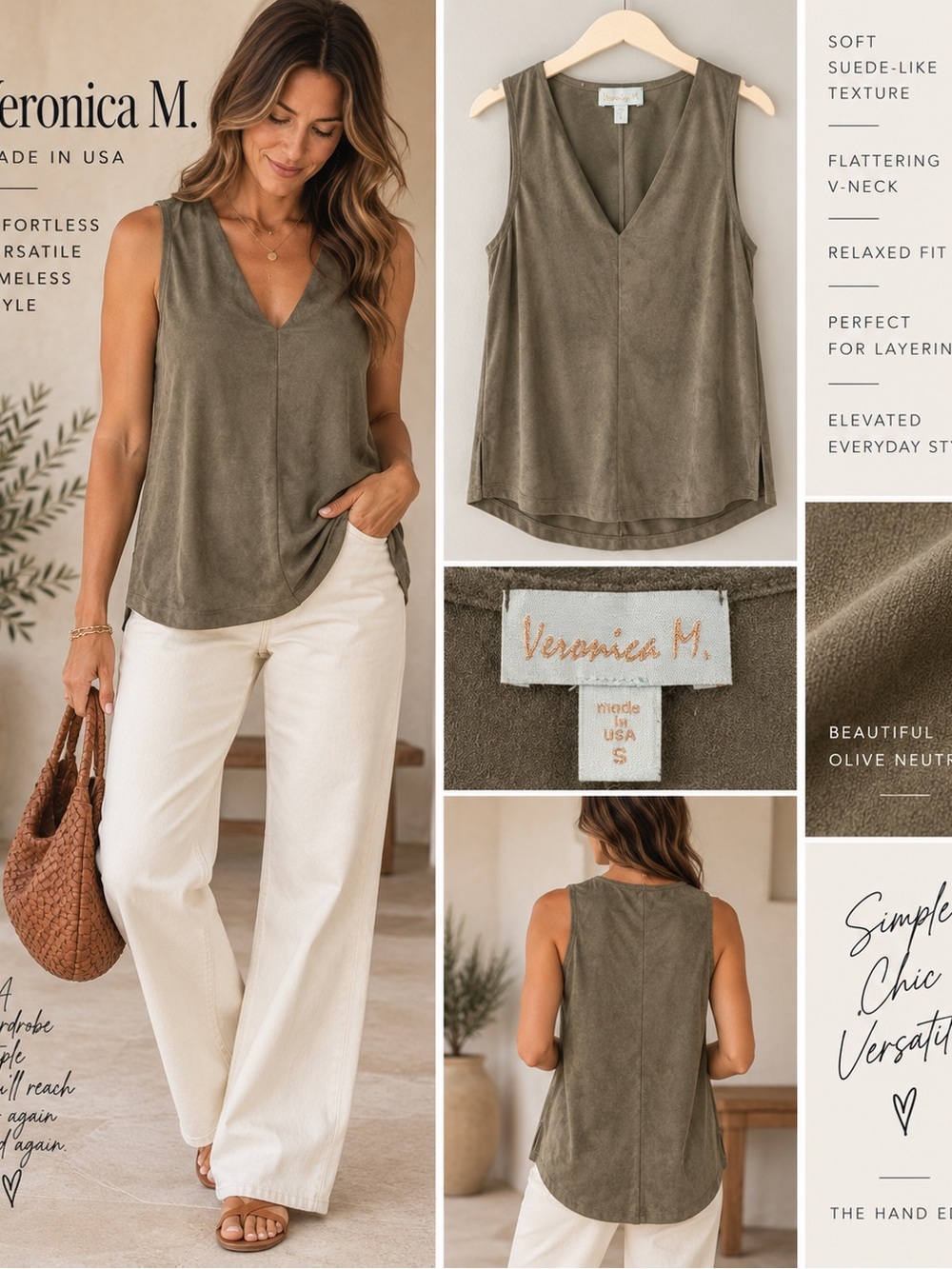 Veronica M. Olive Faux Suede V-Neck Sleeveless Tunic Top S